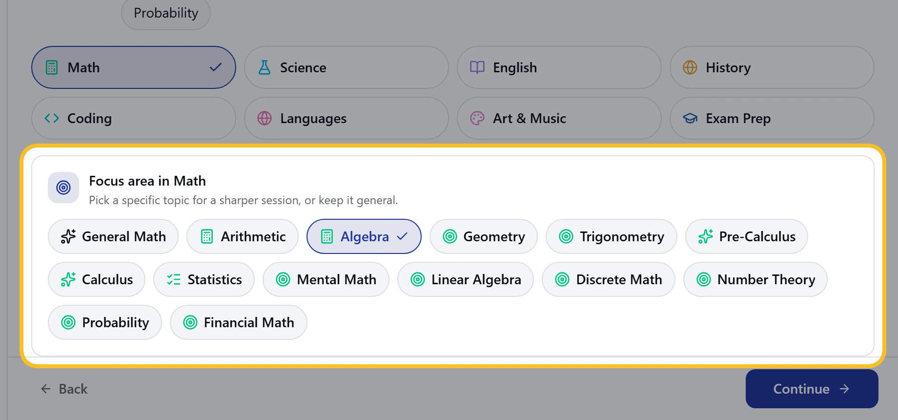 Focus area chips with Algebra selected