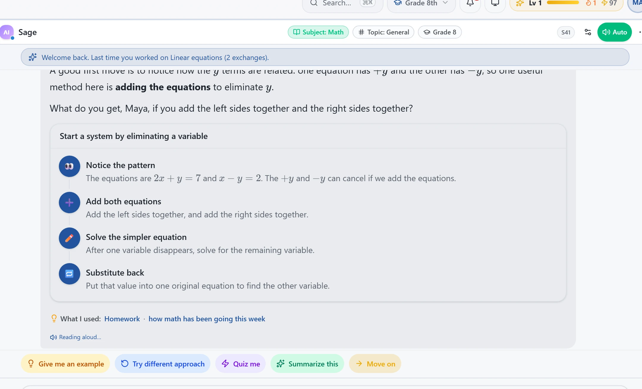 Tutor suggesting the elimination method