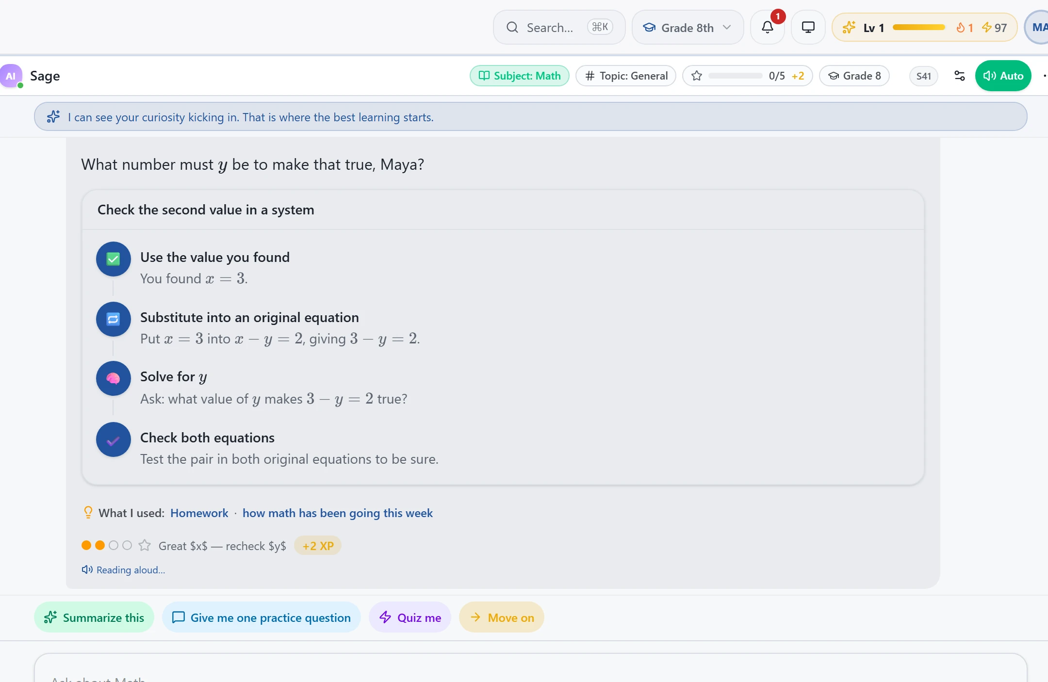 Tutor confirming x = 3 and y = 1