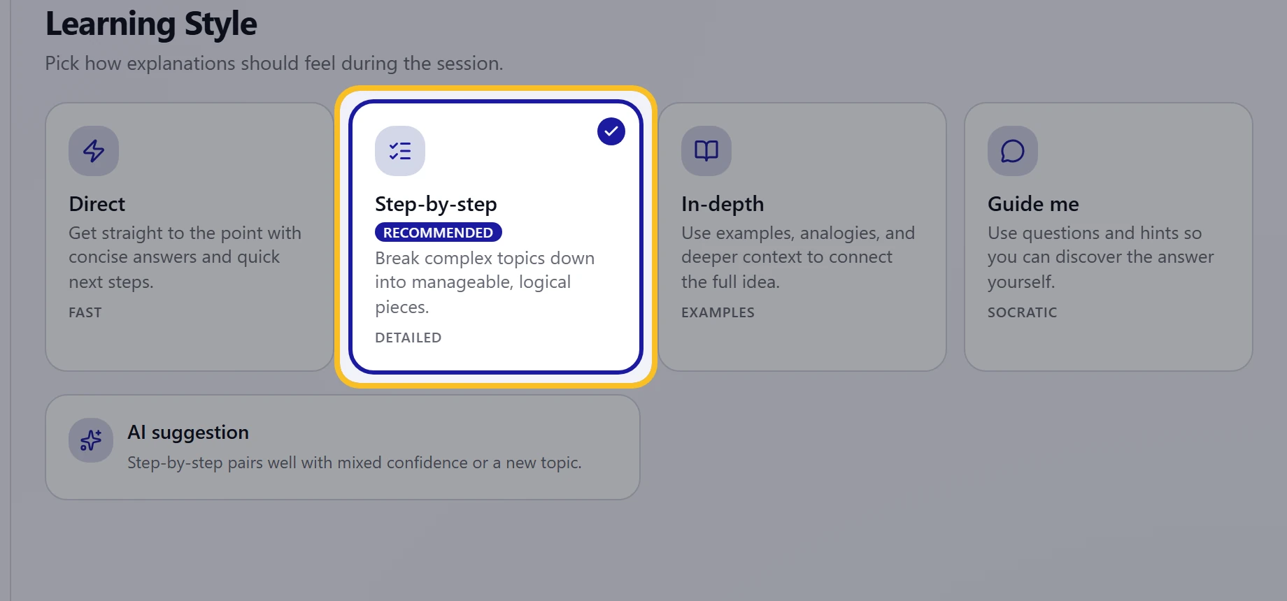 Learning style options in the Setup Wizard