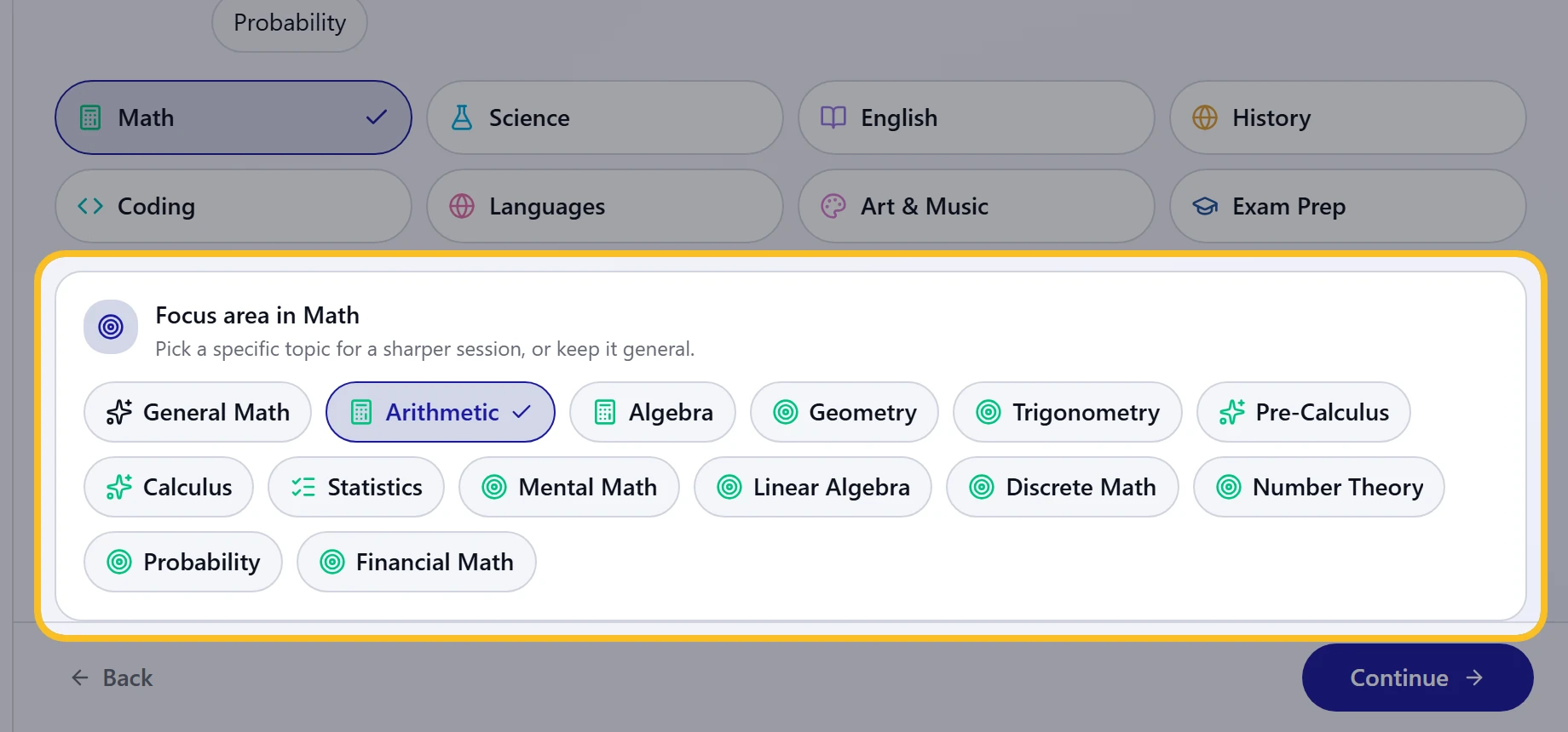 Focus area chips with Arithmetic selected