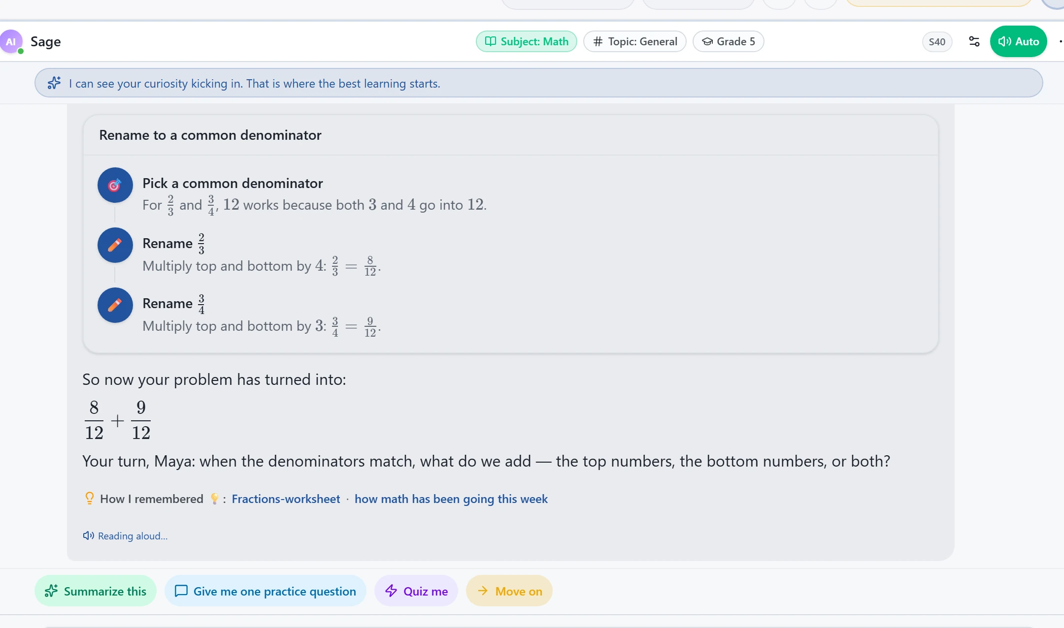Tutor confirming 17/12 = 1 5/12