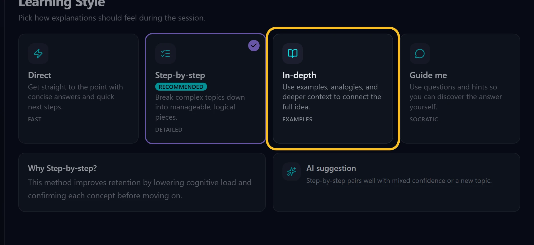 Learning style options in the Setup Wizard