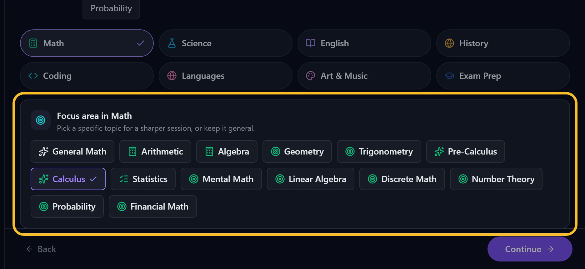 Focus area chips with Calculus selected