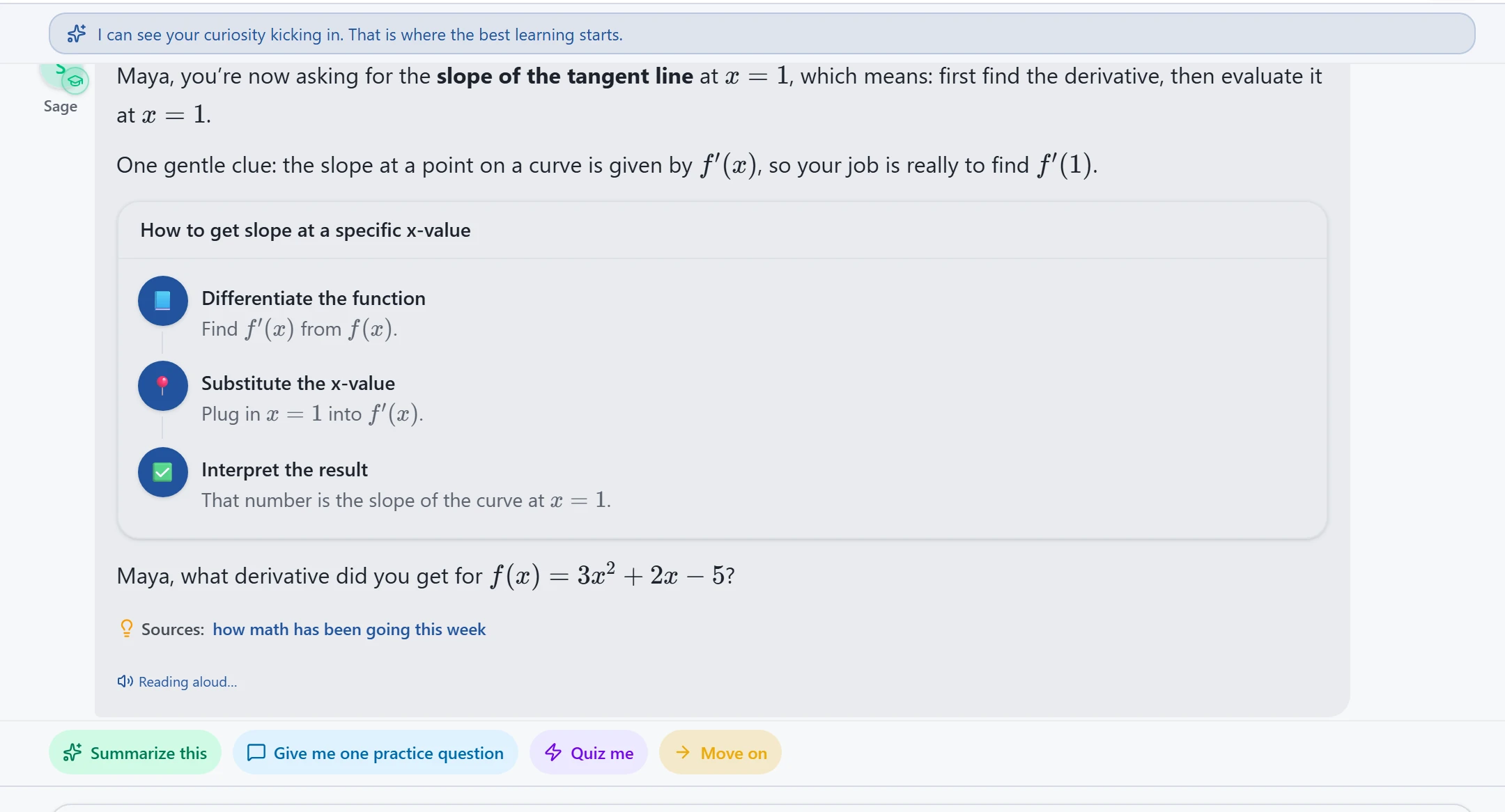 Tutor computing f'(1) = 8