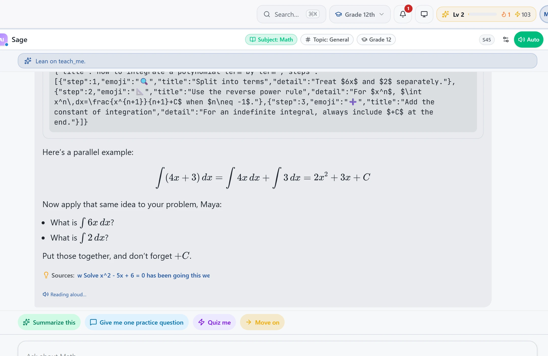 Tutor integrating 6x + 2