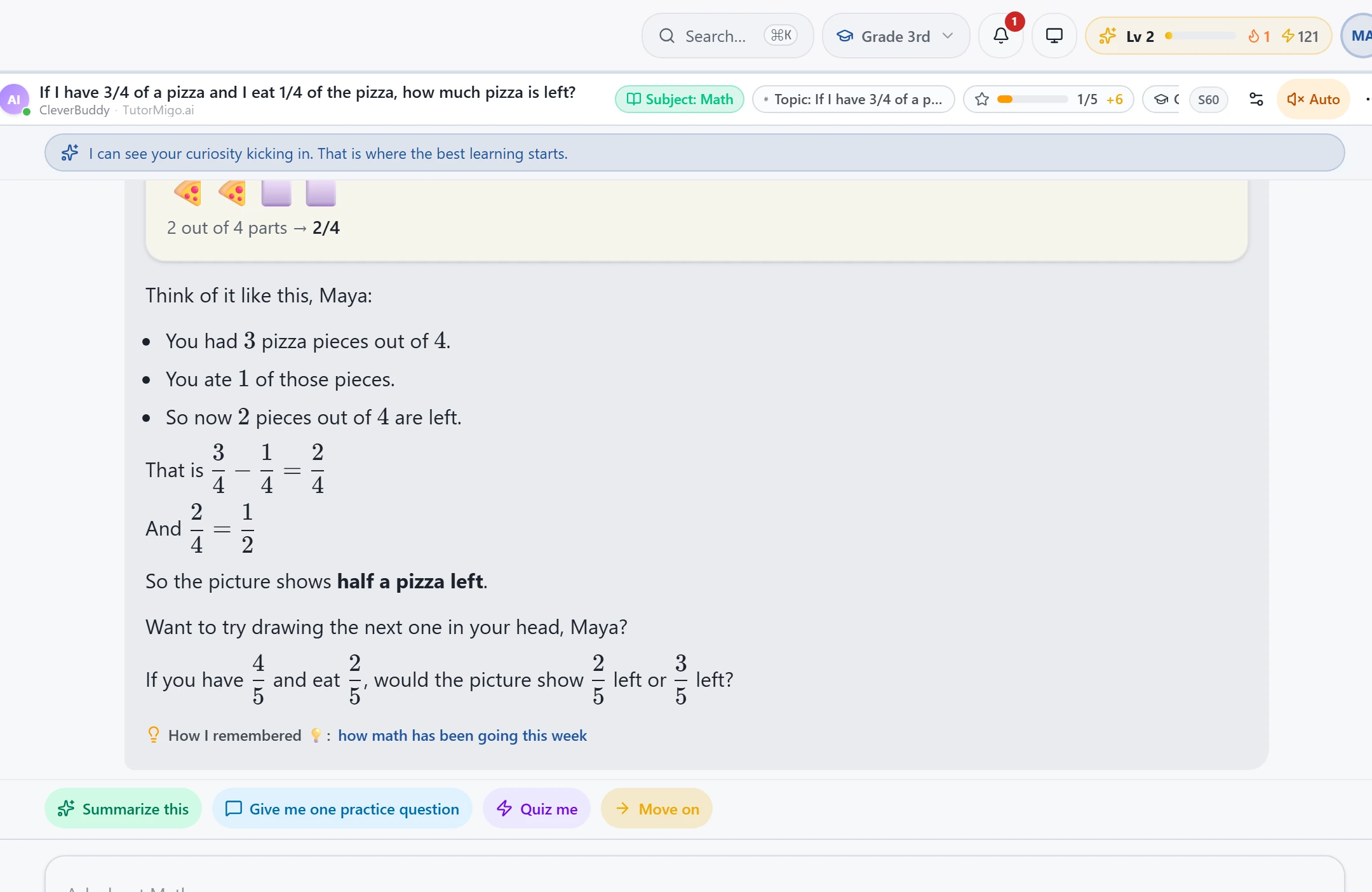 Tutor showing the fraction visually