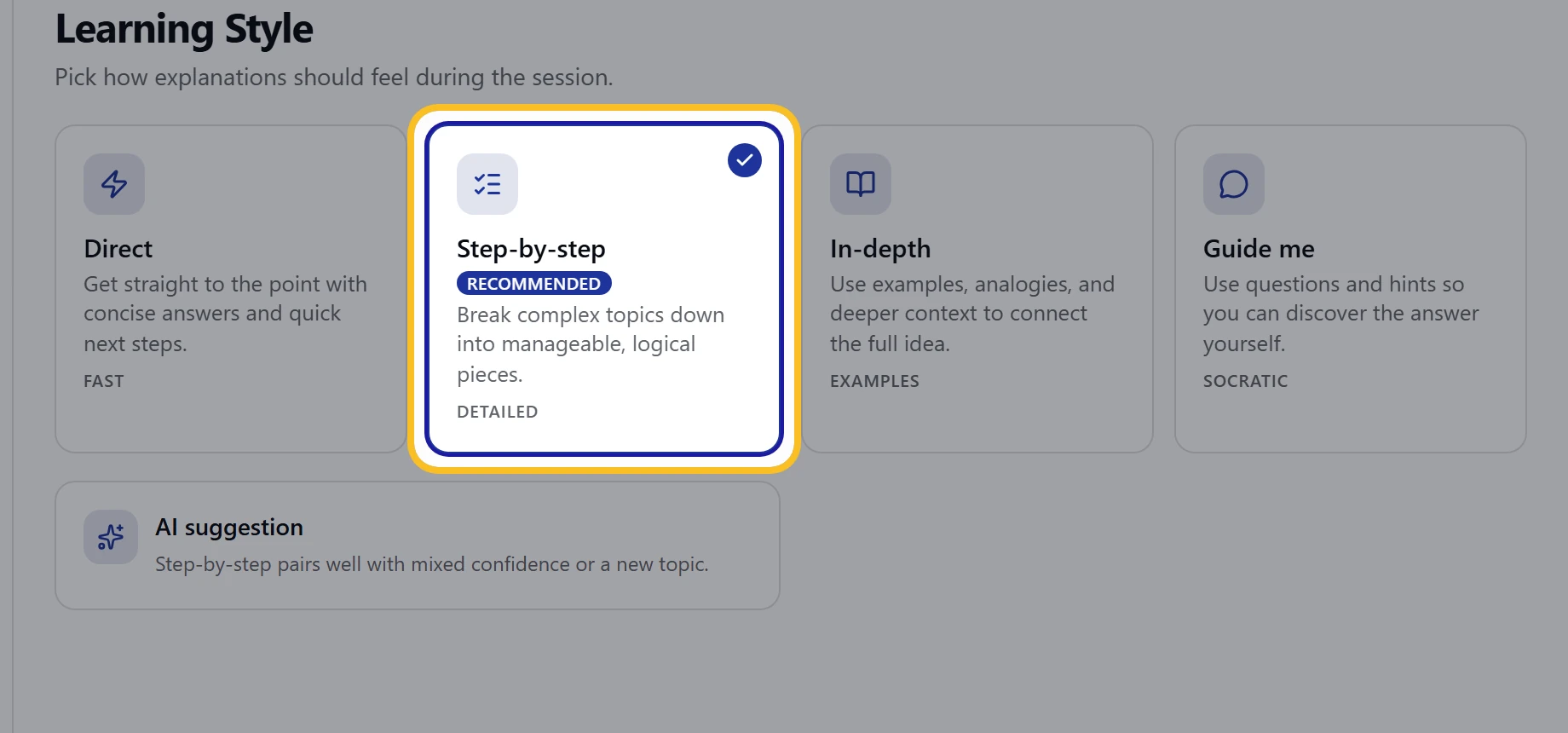 Learning style options in the Setup Wizard