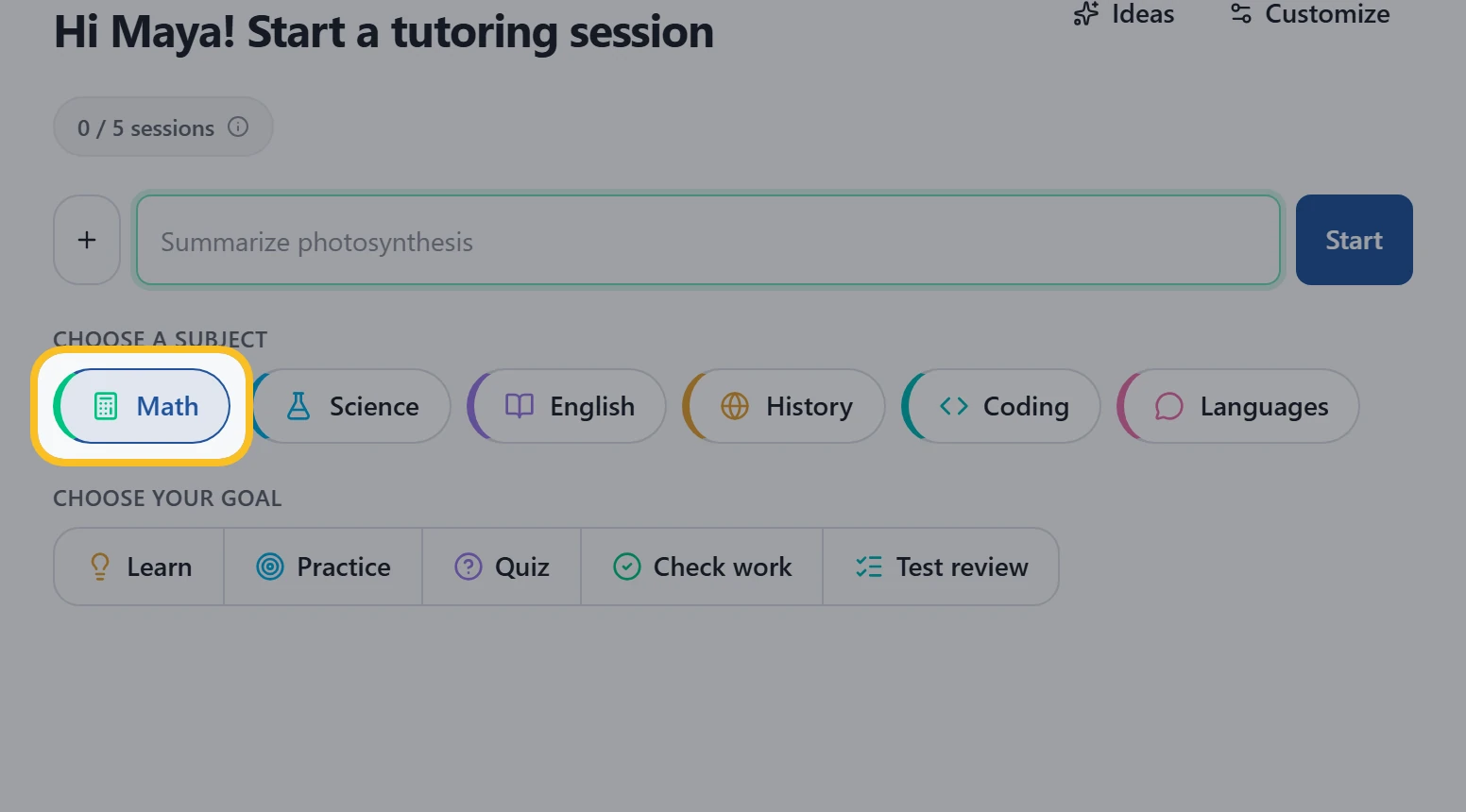Math selected in the Choose a subject row