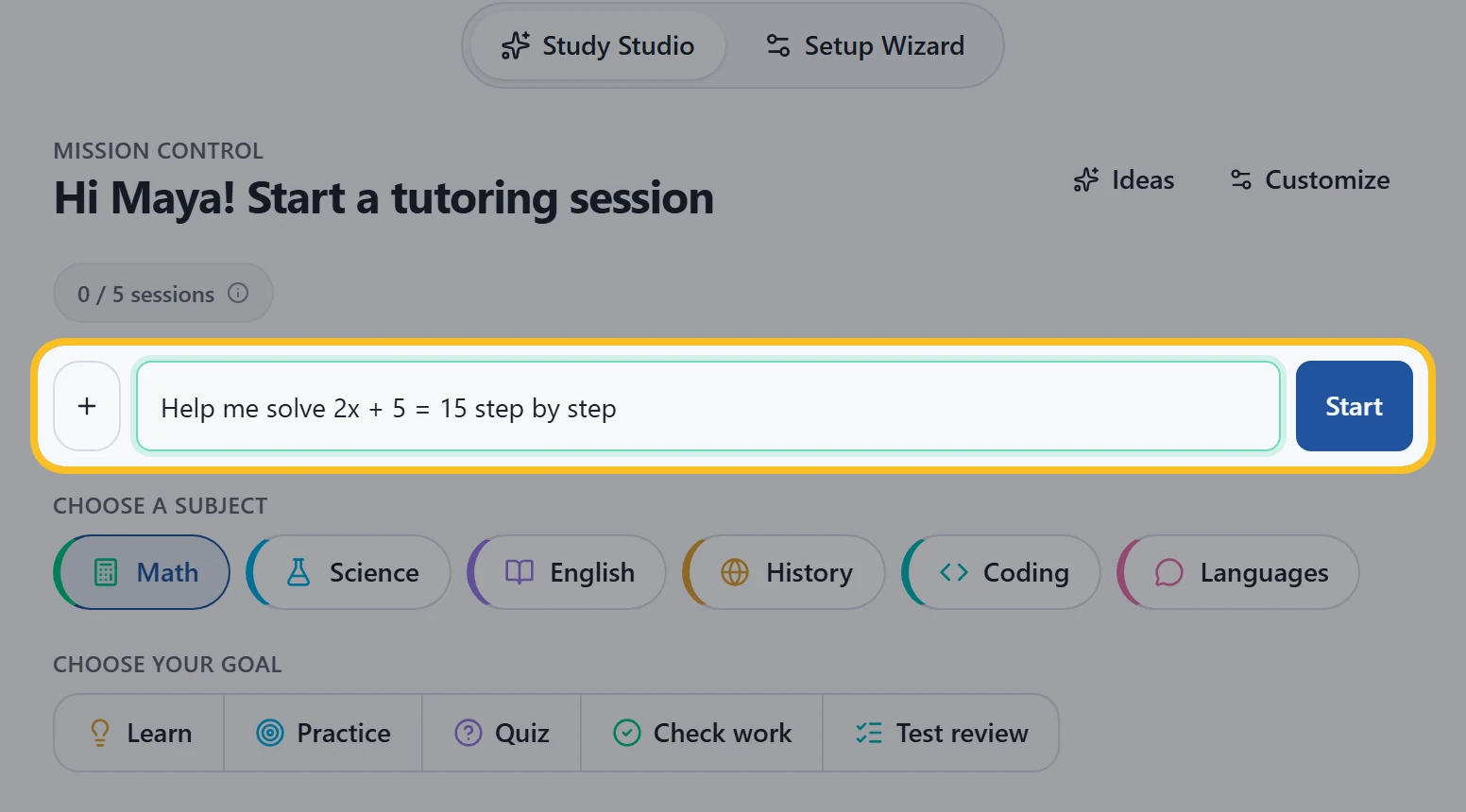 Typing 'Help me solve 2x + 5 = 15 step by step' into the Ask your tutor box
