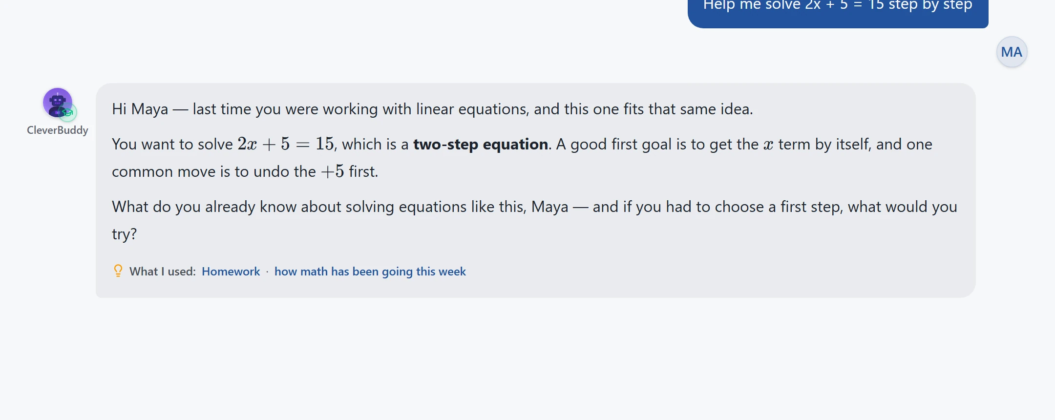 The tutor's first reply explaining how to undo operations, with typeset math