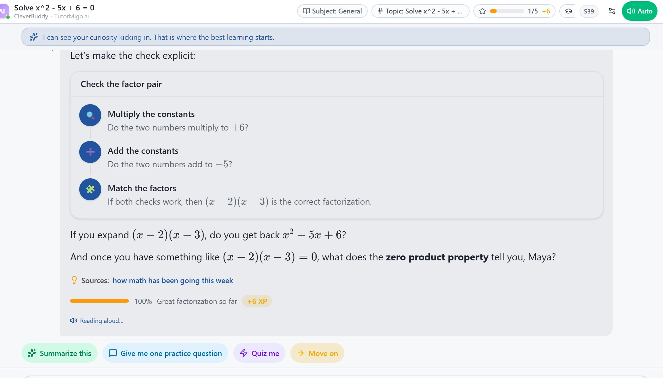 Tutor confirming the factorisation