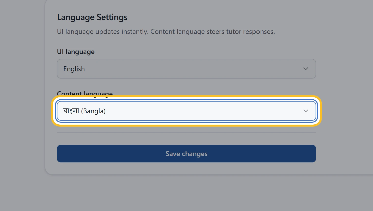 Content language set to Bangla