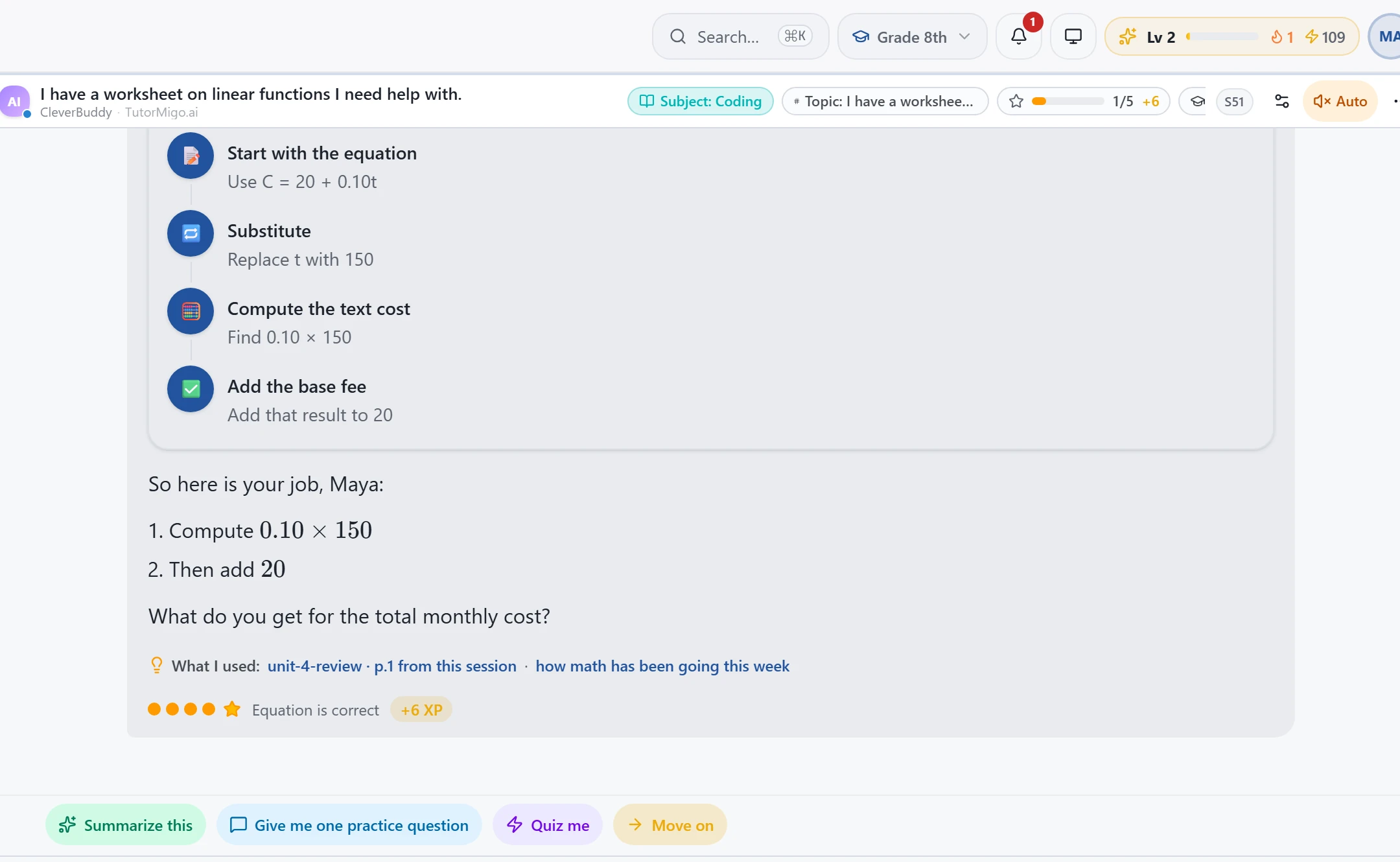 Tutor confirming the phone plan equation