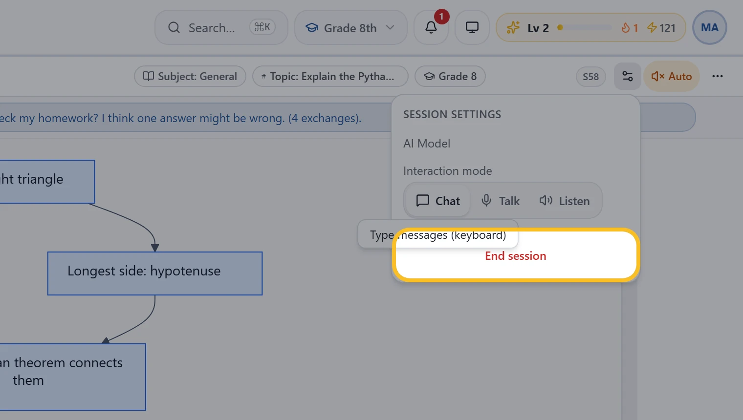 Session settings with End session