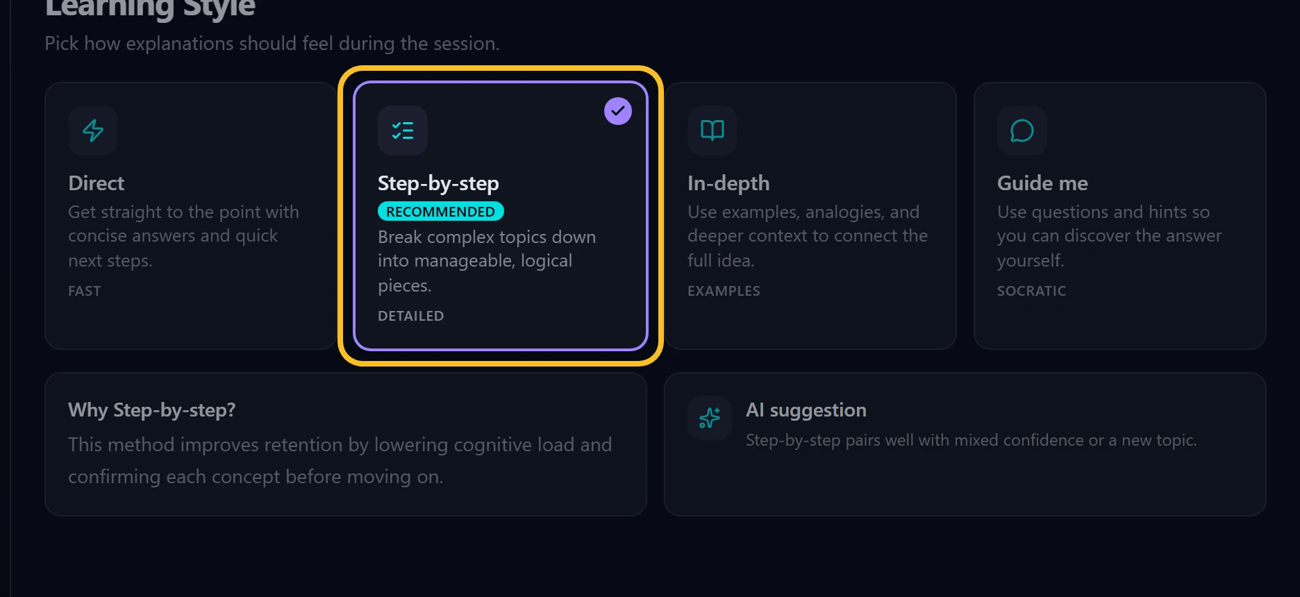 Learning style options in the Setup Wizard