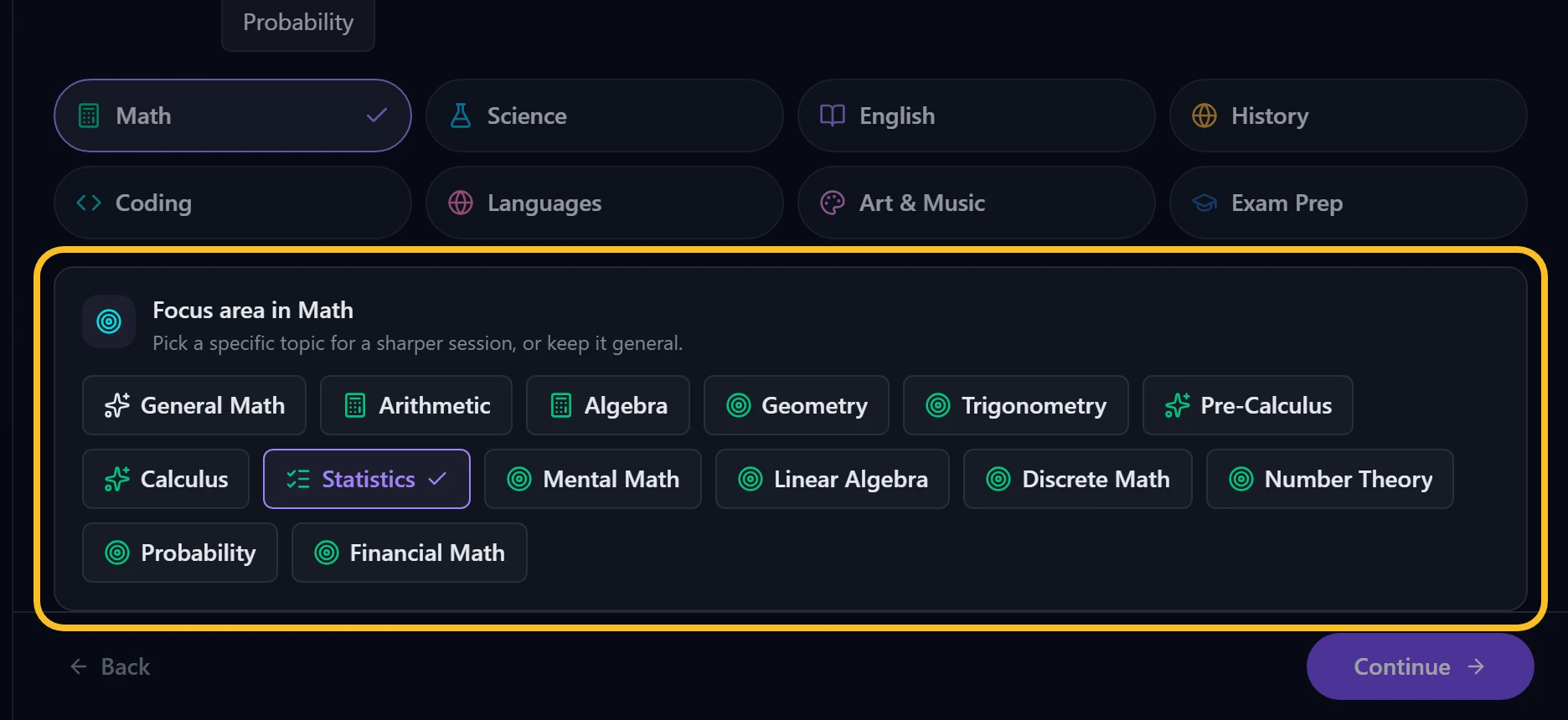 Focus area chips with Statistics selected
