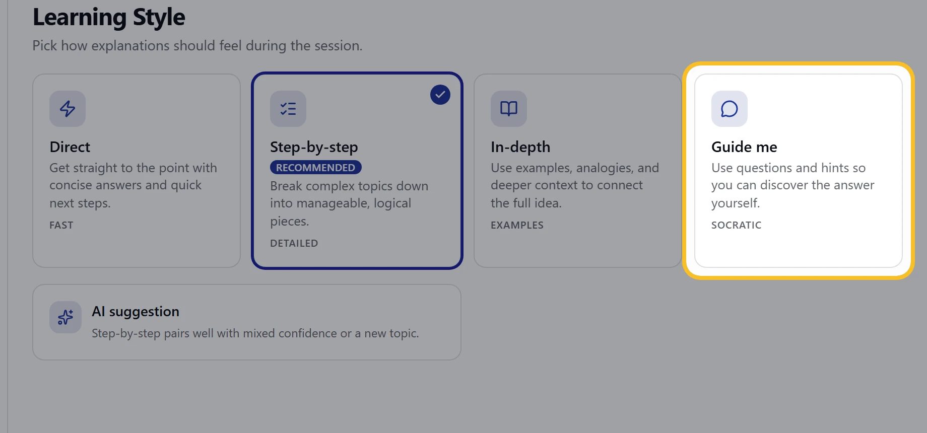 Learning style options in the Setup Wizard