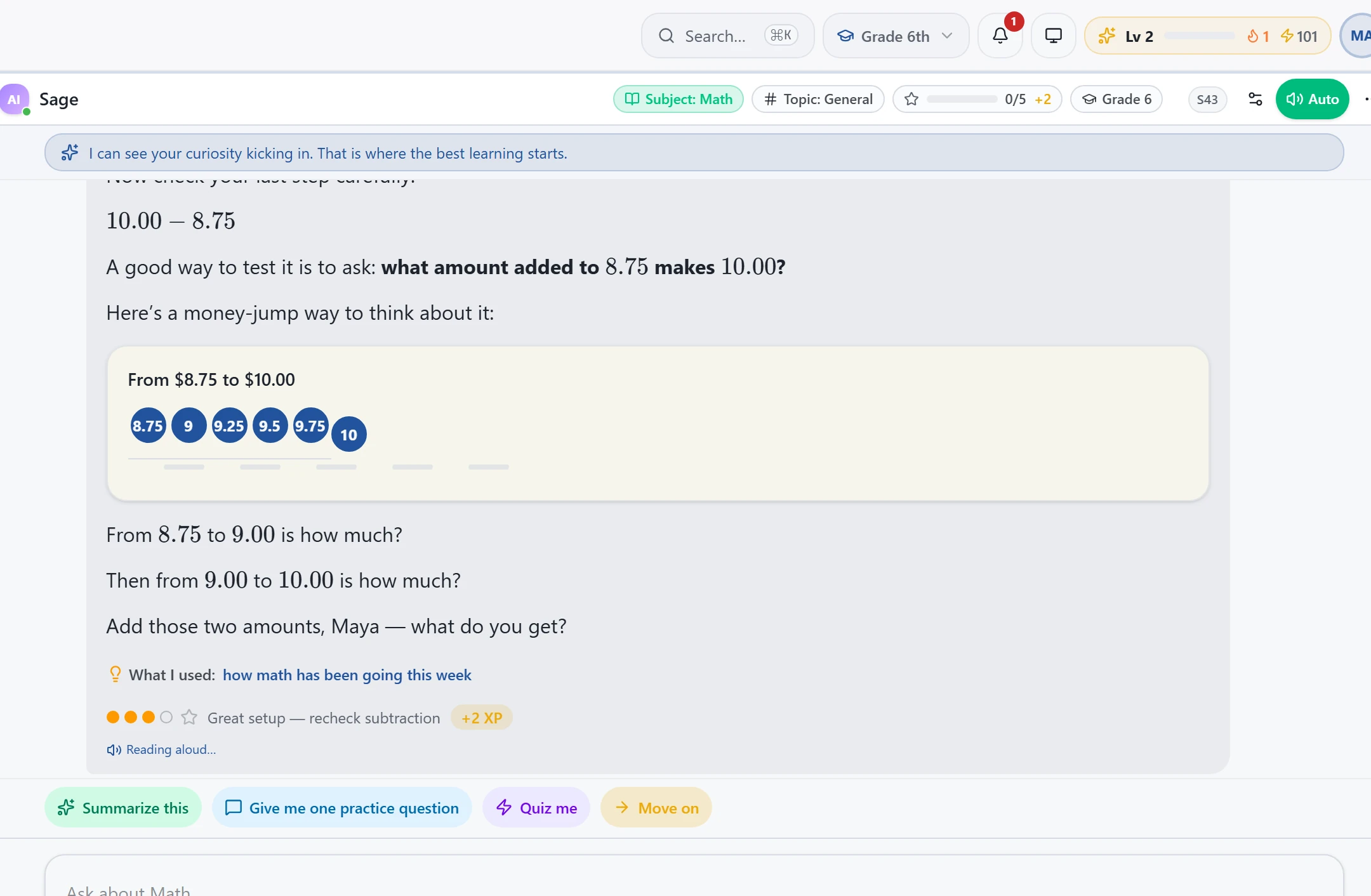 Tutor confirming $1.25 change