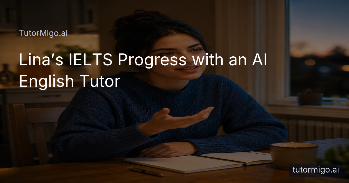 Lina practices an IELTS speaking response at home with a notebook and study materials nearby.