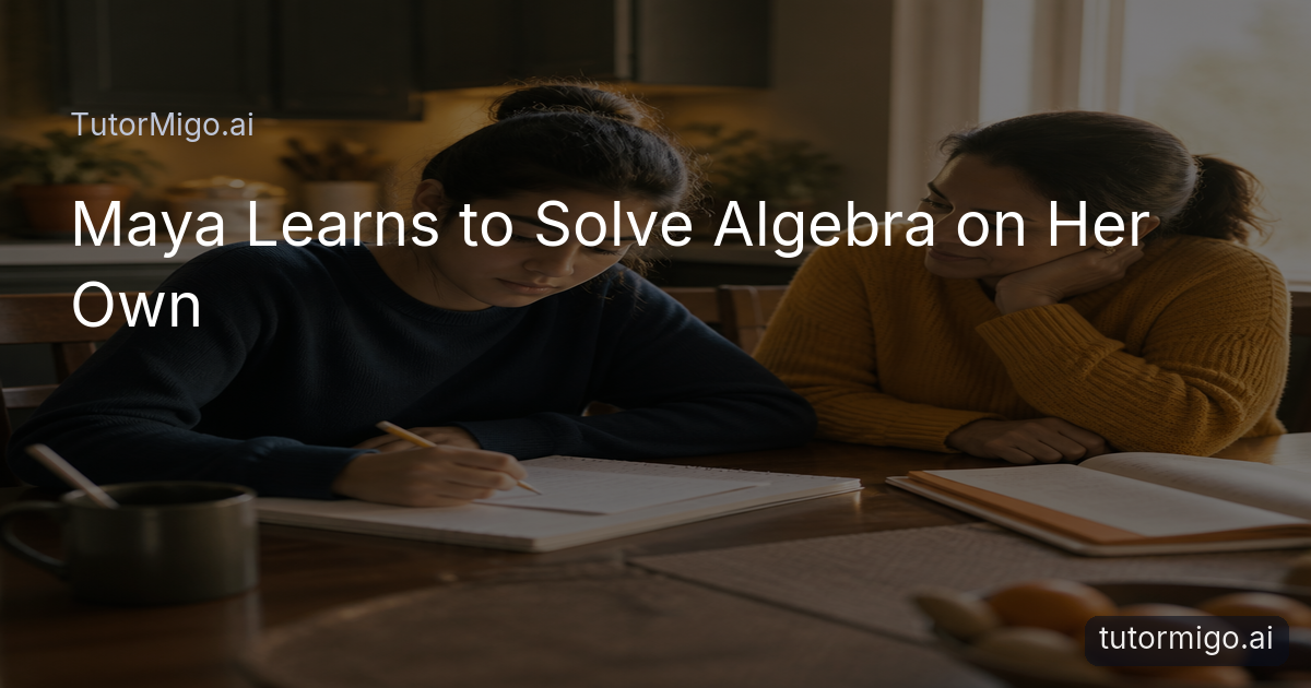 Maya works through an Algebra problem at a kitchen table while a parent looks on supportively.