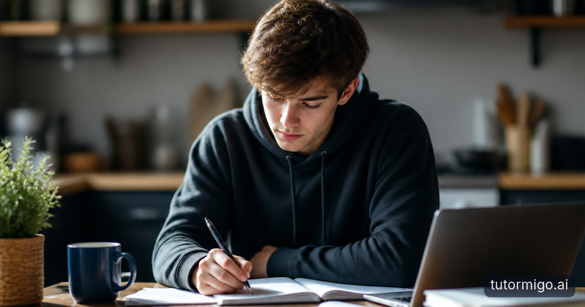 A high-school student completes a short SAT practice session while a parent or tutor offers encouragement at a kitchen table.