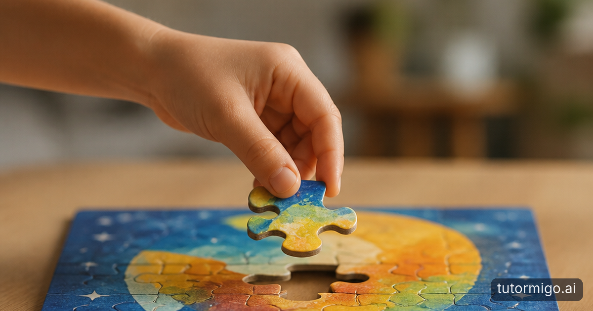 A parent and child compare paper fraction circles beside a small stack of picture cards at a sunlit kitchen table.