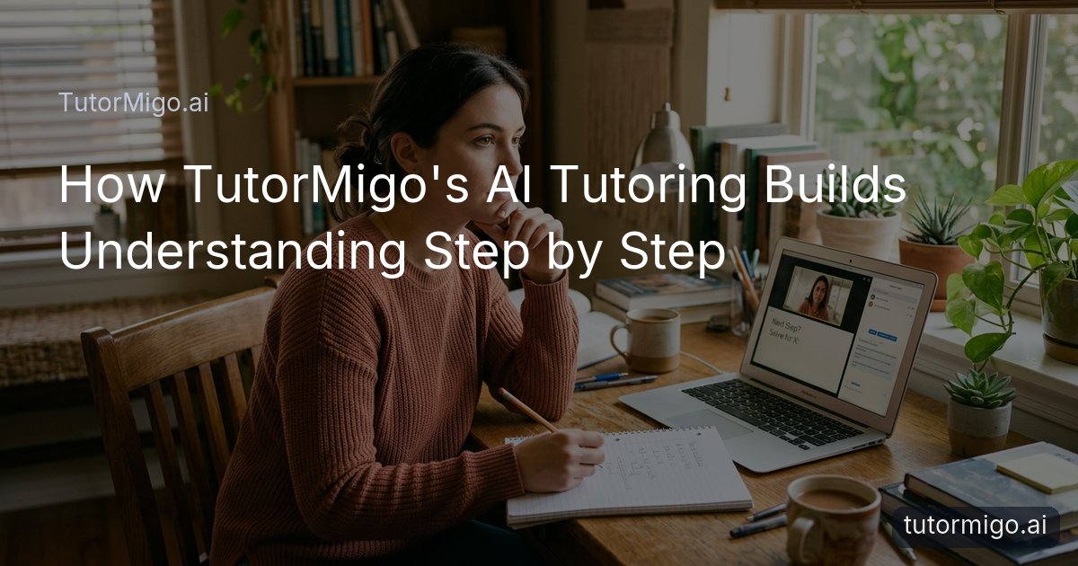 A student thoughtfully working on a problem at a desk with an AI tutoring interface visible on a nearby laptop in a home setting.