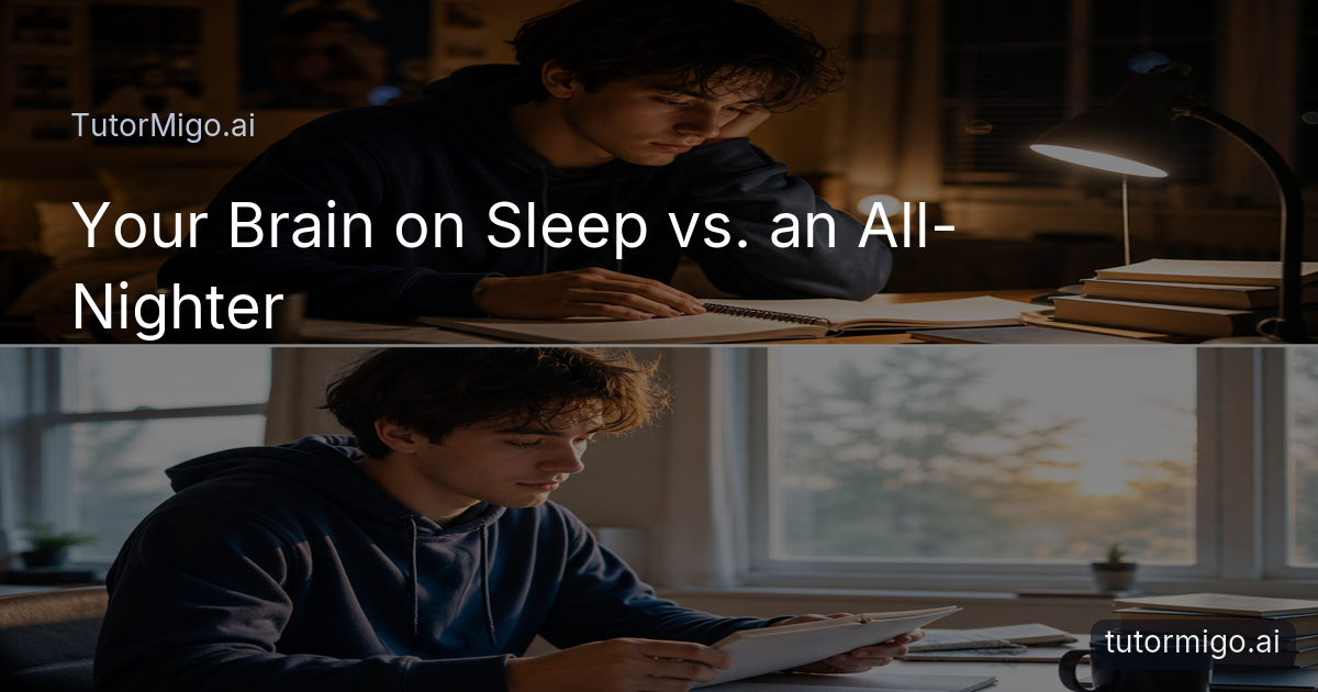 An illustration contrasts a tired student studying late at night with the same student rested and reviewing notes in the morning.