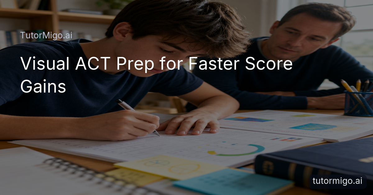 A high-school student reviews visual ACT practice materials with a mentor at a brightly lit study table.