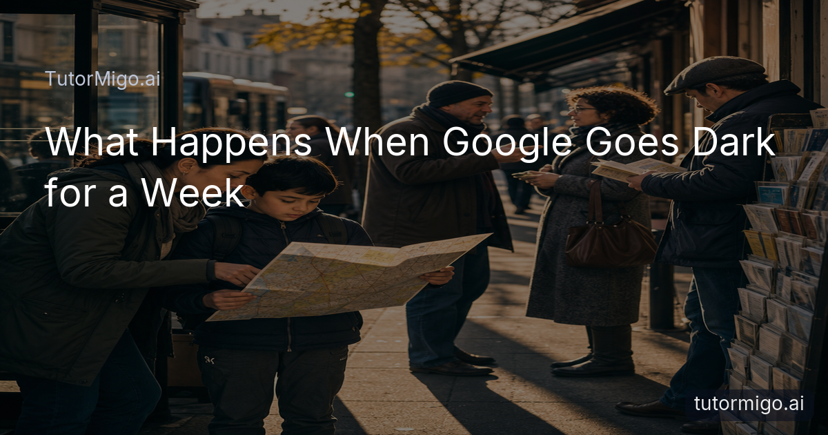 People in a city neighborhood use a paper map, a handwritten directory, and face-to-face questions after losing access to online search.