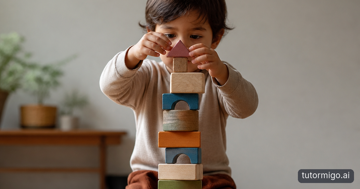 A parent watches patiently as a child tries a different piece in a wooden shape puzzle at a kitchen table.