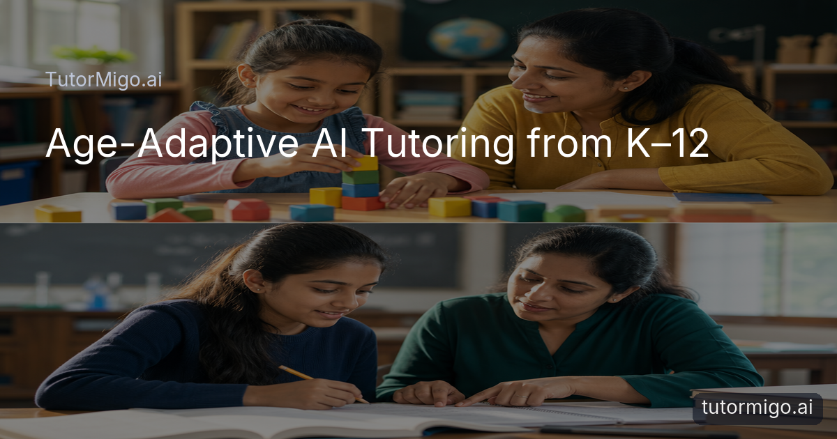 A split-scene illustration shows a young child learning foundational skills and an older student preparing for exams with guidance from tutors and teachers.