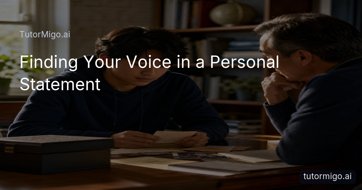A college-bound student reflects on personal experiences at a desk while a supportive adult listens nearby.