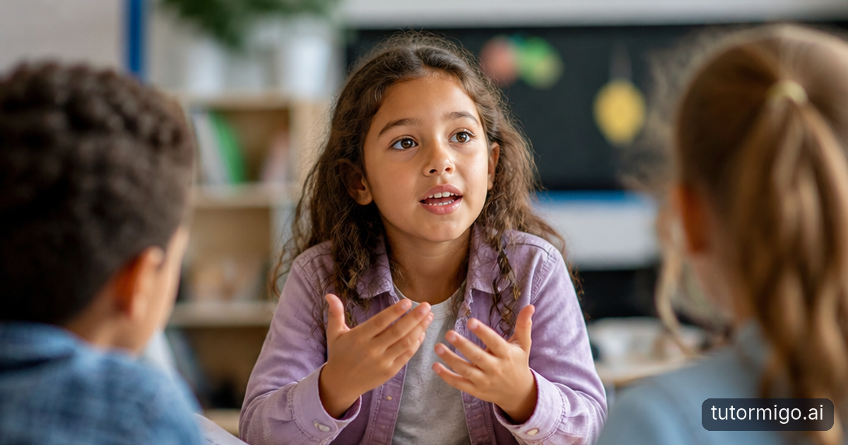 A parent listens as a young child explains counting counters at a kitchen table beside a picture book and tablet.