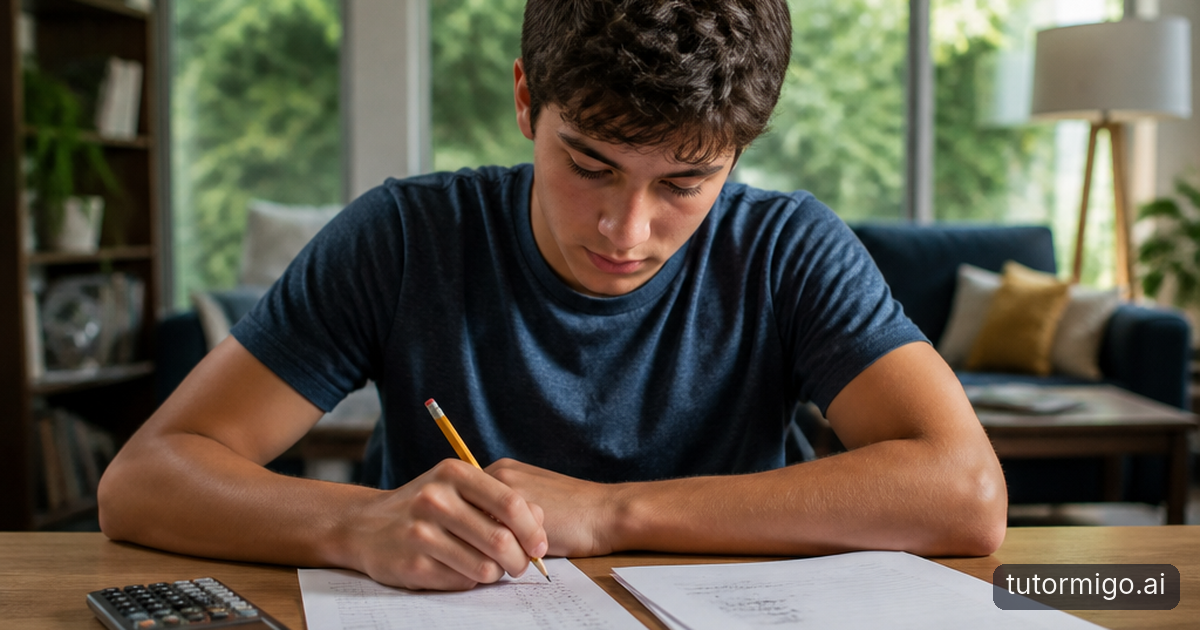 A high-school student reviews ACT math work with a parent while using fraction bars and geometric sketches to understand a mistake.