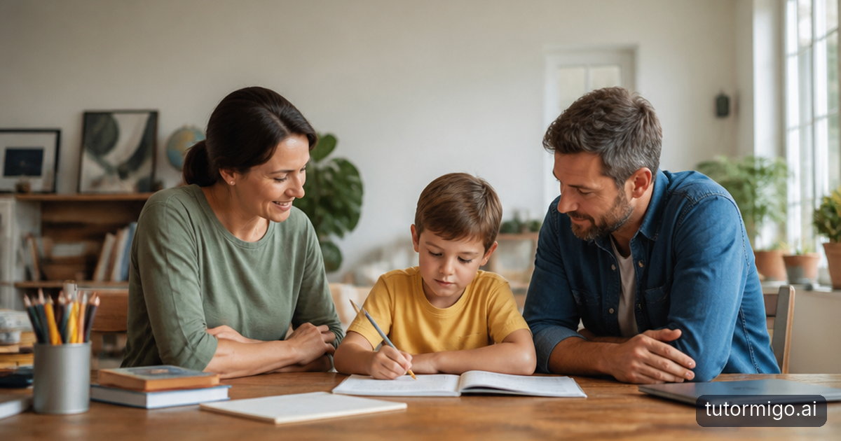 A homeschooling parent, child, and co-op director review a bridge-building experiment and organize learning records at a kitchen table.