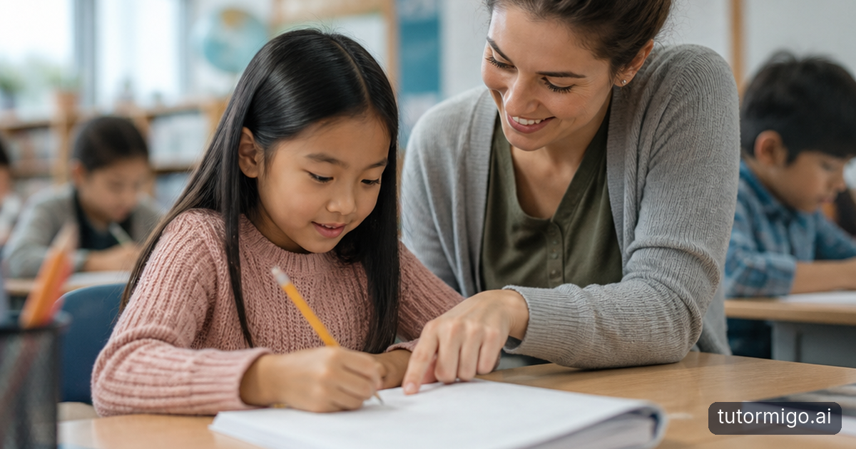 A parent encourages a child while they work through mathematics problems together at a bright kitchen table.
