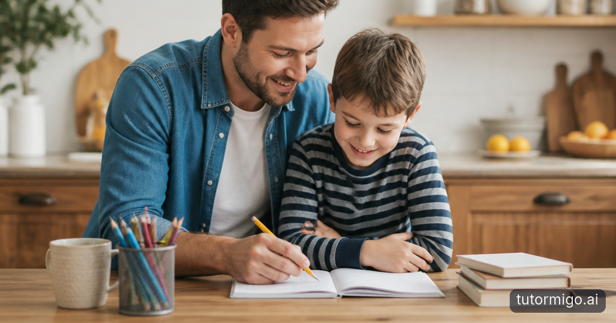 A parent sits calmly beside a child who is working independently on homework at a warmly lit kitchen table.