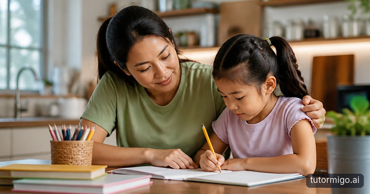 A parent listens beside a child working at an uncluttered kitchen table with a workbook, pencils, and a timer.