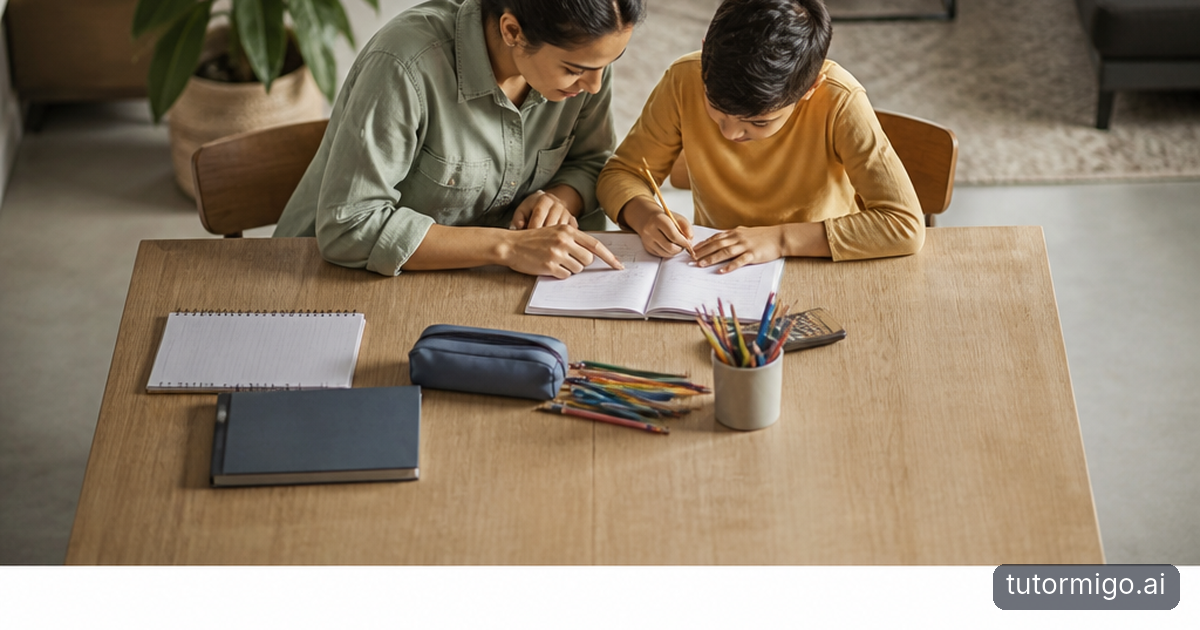 A parent listens as their child explains homework at a kitchen table, with the child holding the pencil.