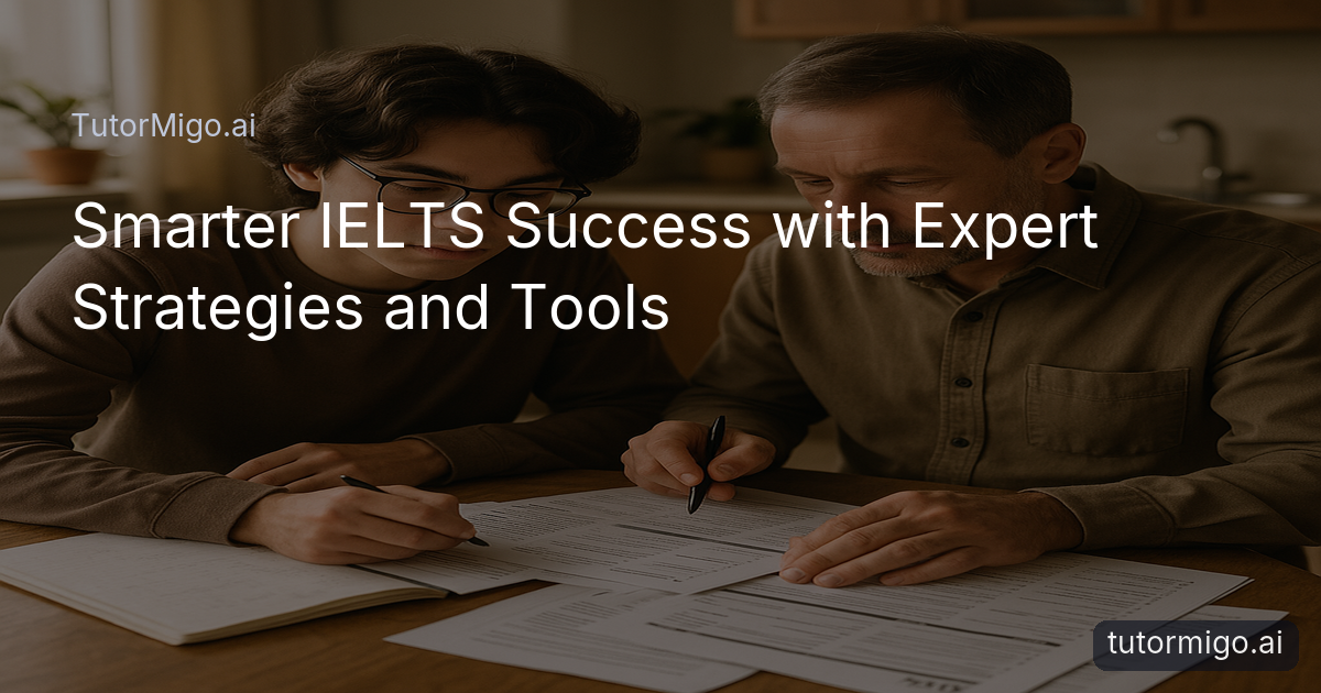 Student and parent reviewing IELTS materials together at a home table under natural light.