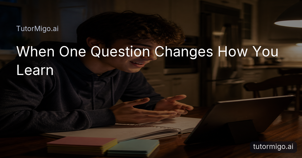 A student asks a study question privately at a kitchen table surrounded by notes and flashcards.