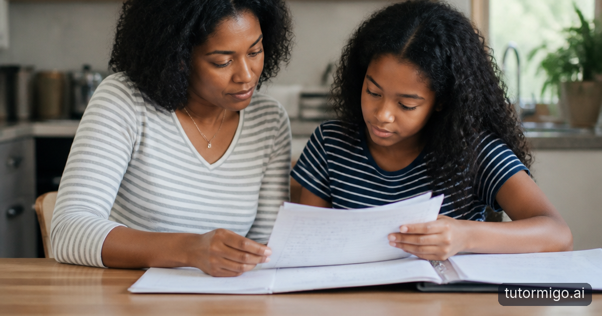 A parent and middle school child review handwritten math work and discuss a diagram at a kitchen table.