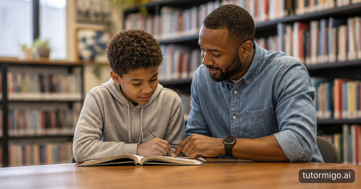 A parent and child study together at a kitchen table in a warm, supportive home setting.