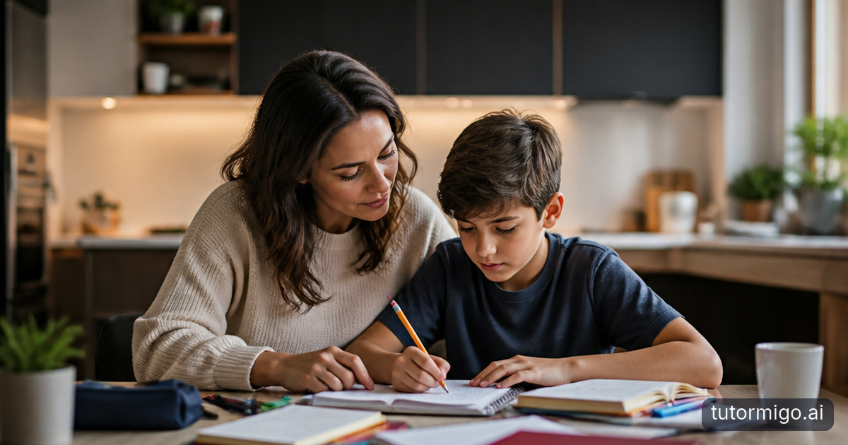 A parent and child use paper fraction strips and class notes to work through a homework question at their kitchen table.
