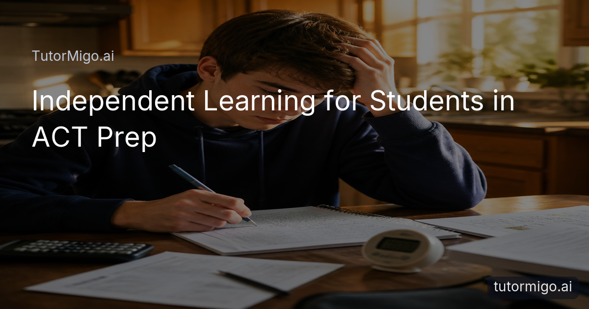 A high-school student works through a challenging ACT practice problem independently at a kitchen table with notes and a timer nearby.