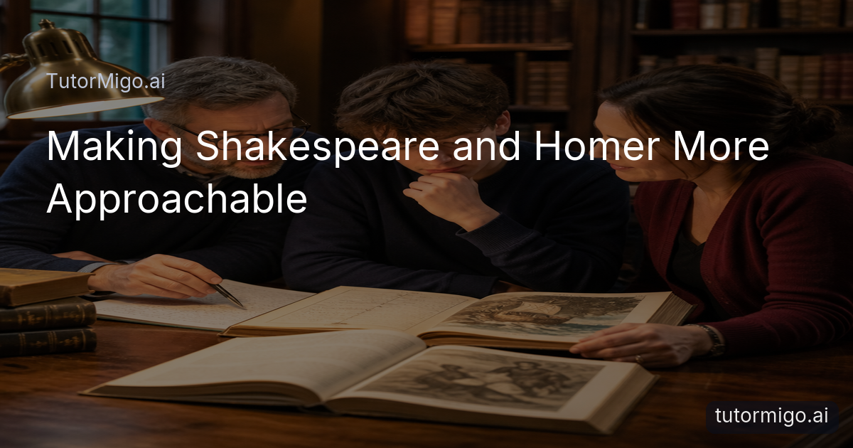 A student studies Shakespeare and Homer at a library table while a parent and teacher offer supportive guidance.