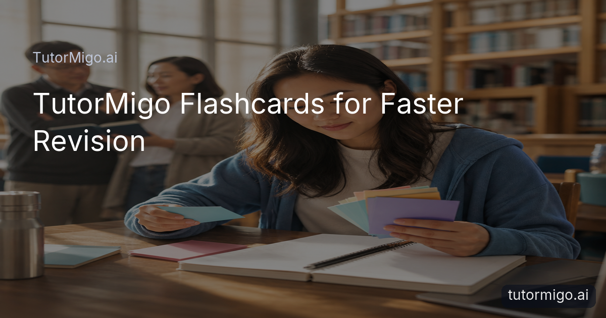 A student reviews flashcards at a library table while a parent and teacher observe progress in the background.