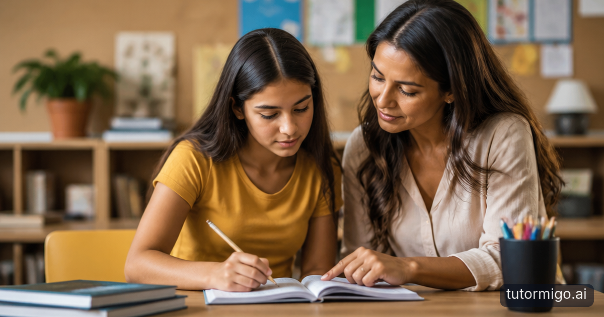 A parent and teenage child sitting together at a warm kitchen table in the late afternoon, calmly reviewing a colour-coded paper study planner with mugs of tea nearby.